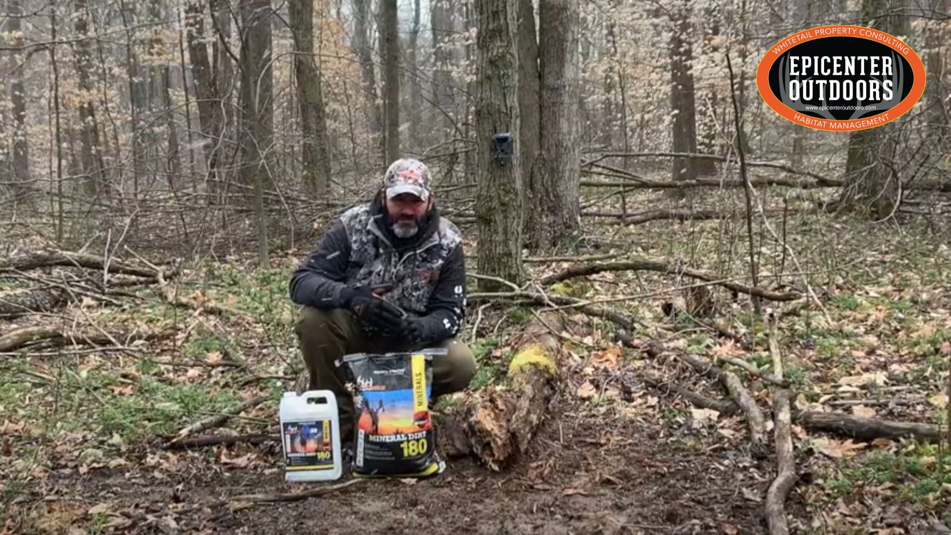 Load video: Chuck Main demonstrating how to strategically lay out attractants and minerals in the woods for optimal deer management.