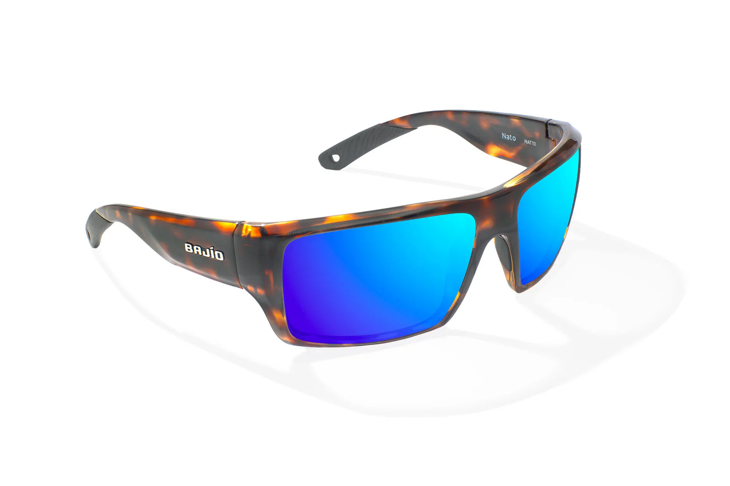Bajio Nato Sunglasses - Angled View, Brown Tortoise Gloss Frame with Blue Mirror Lens