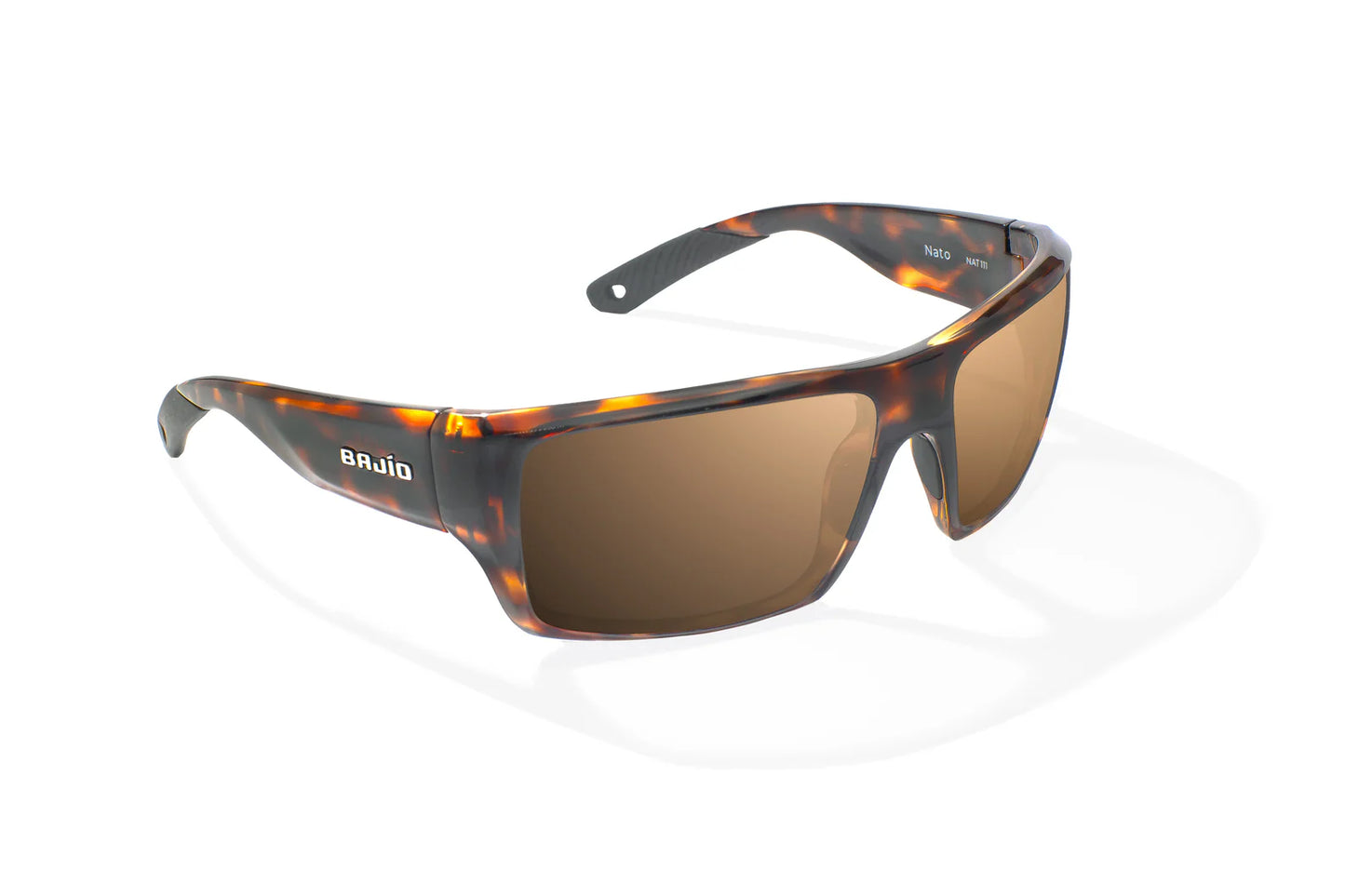 Bajio Nato Sunglasses - Angled View, Brown Tortoise Gloss Frame with Copper Lens