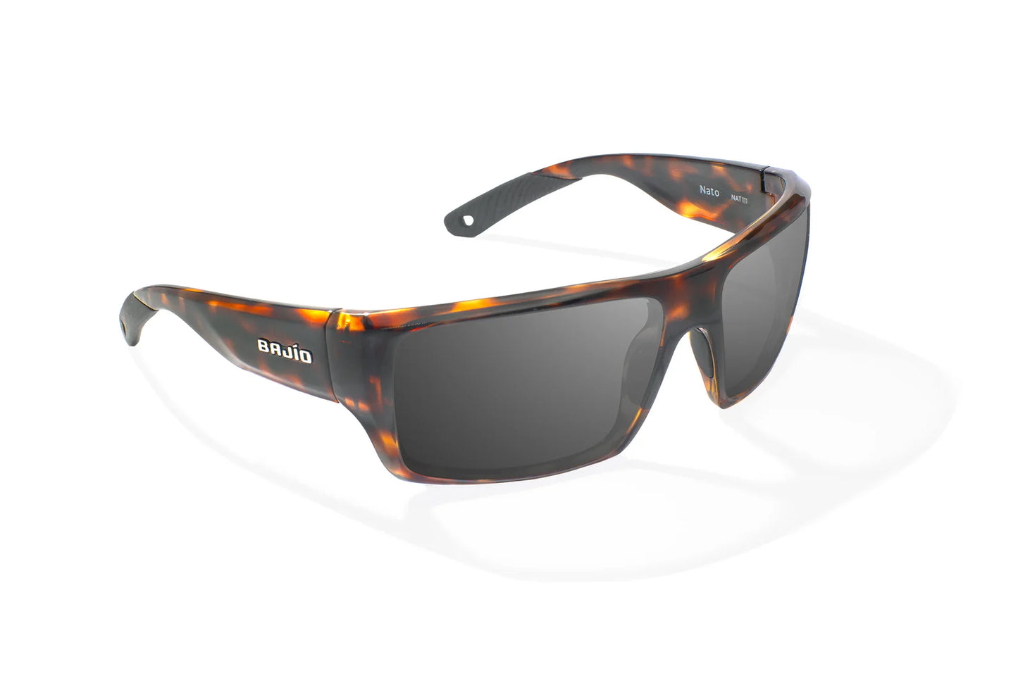 Bajio Nato Sunglasses - Angled View, Brown Tortoise Gloss Frame with Gray Lens