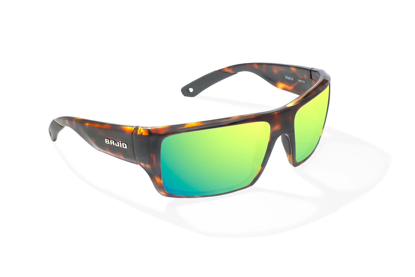 Bajio Nato Sunglasses - Angled View, Brown Tortoise Gloss Frame with Green Mirror Lens