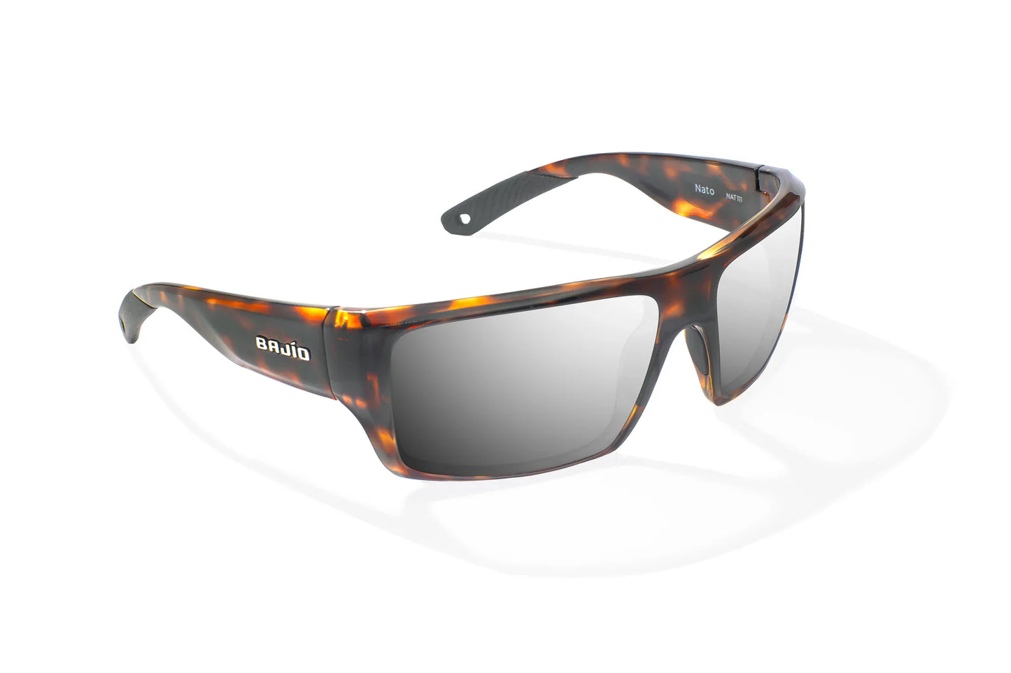 Bajio Nato Sunglasses - Angled View, Brown Tortoise Gloss Frame with Silver Mirror Lens