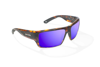 Bajio Nato Sunglasses - Angled View, Brown Tortoise Gloss Frame with Violet Mirror Lens