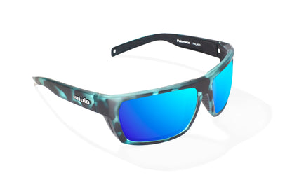 Bajio Palometa Sunglasses - Angled View, Blue Water Matte Frame with Blue Mirror Lens