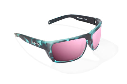 Bajio Palometa Sunglasses - Angled View, Blue Water Matte Frame with Rose Mirror Lens