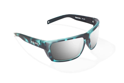 Bajio Palometa Sunglasses - Angled View, Blue Water Matte Frame with Silver Mirror Lens