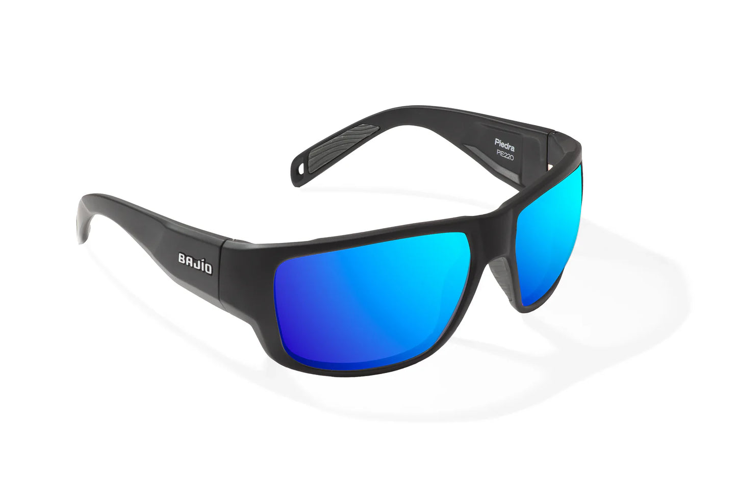 Bajio Piedra Sunglasses - Angled View, Black Matte Frame with Blue Mirror Lens