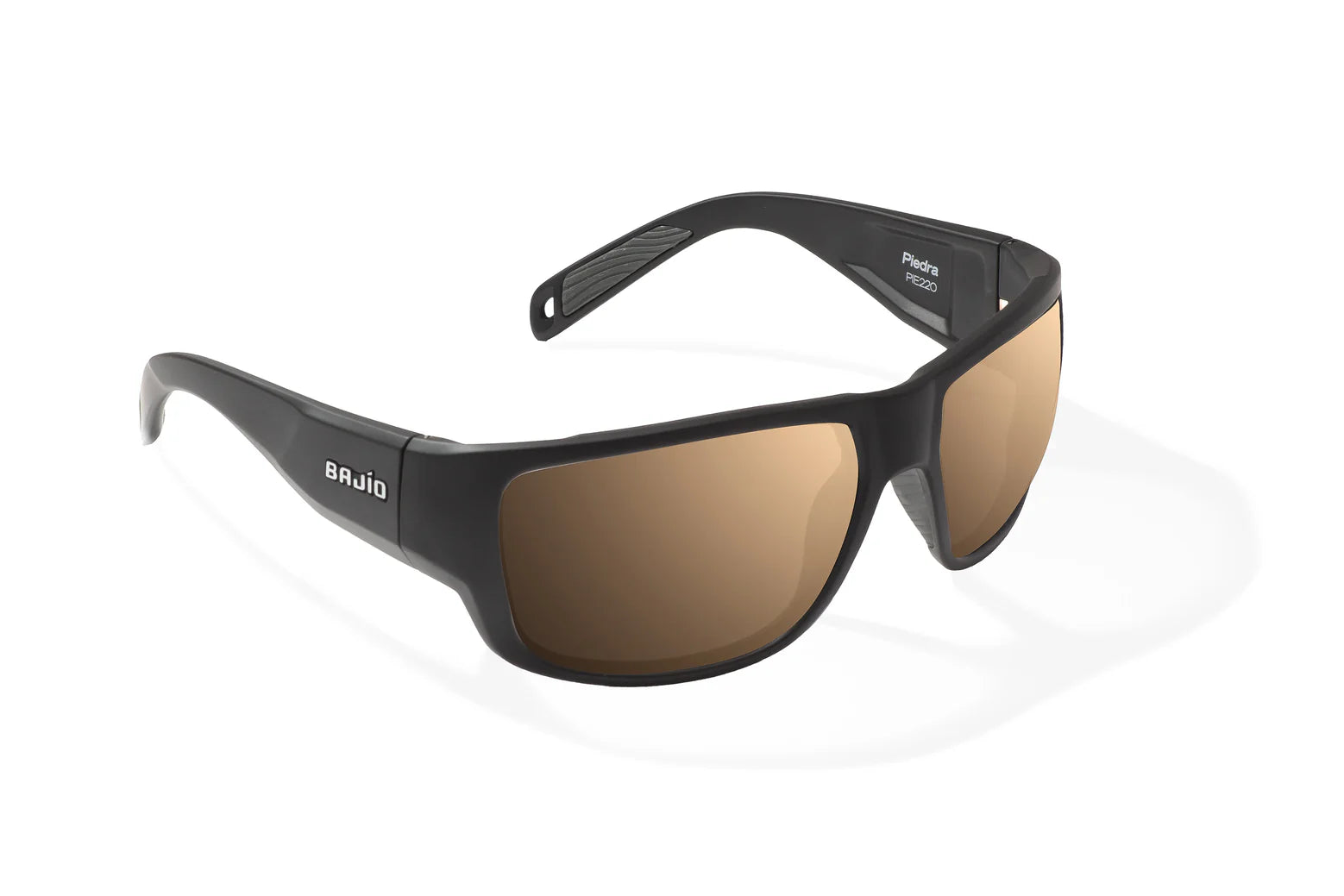 Bajio Piedra Sunglasses - Angled View, Black Matte Frame with Copper Lens