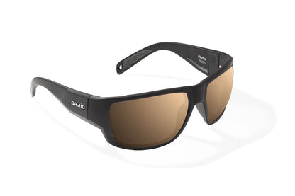 Bajio Piedra Sunglasses - Angled View, Black Matte Frame with Copper Lens