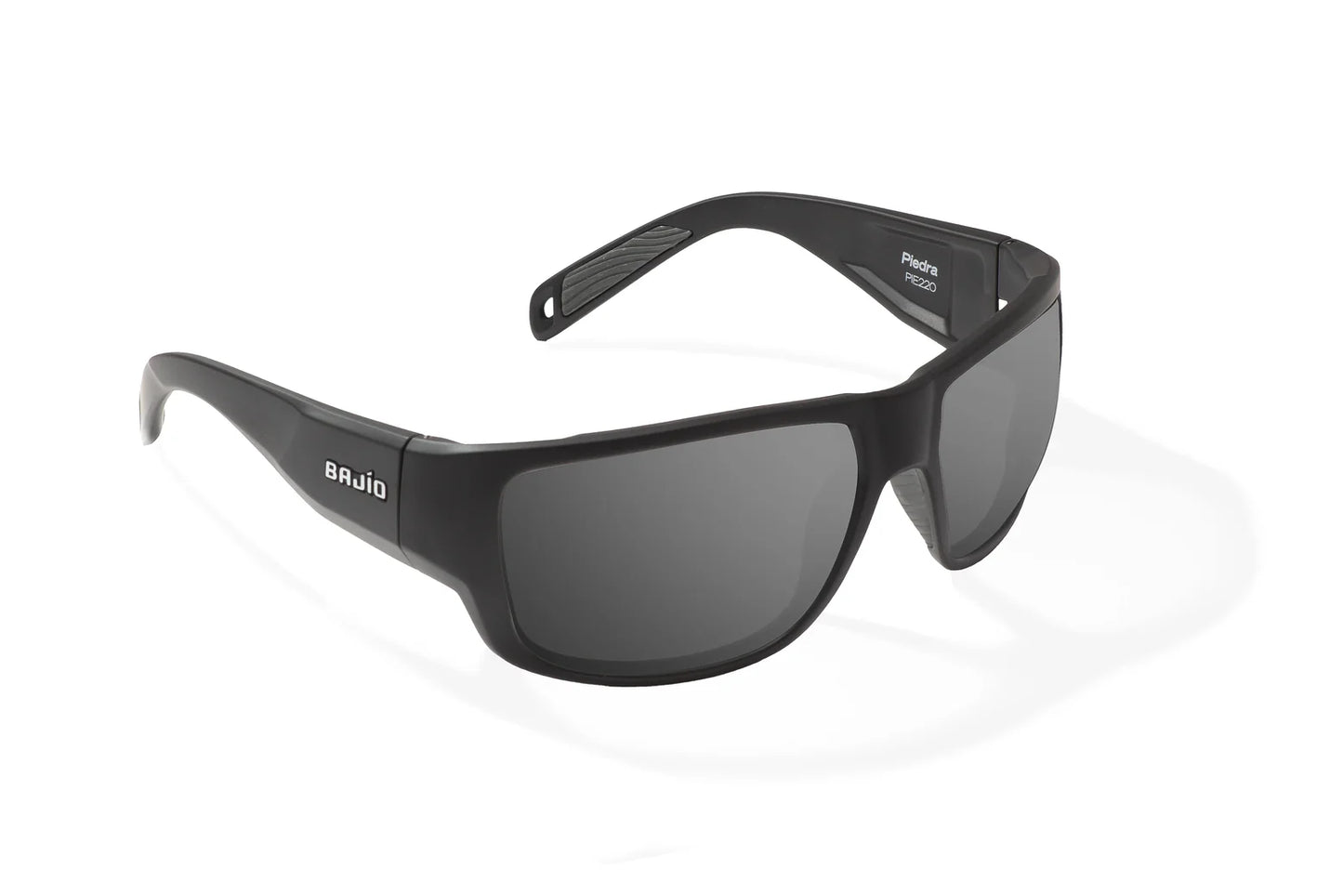 Bajio Piedra Sunglasses - Angled View, Black Matte Frame with Gray Lens