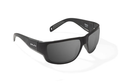 Bajio Piedra Sunglasses - Angled View, Black Matte Frame with Gray Lens