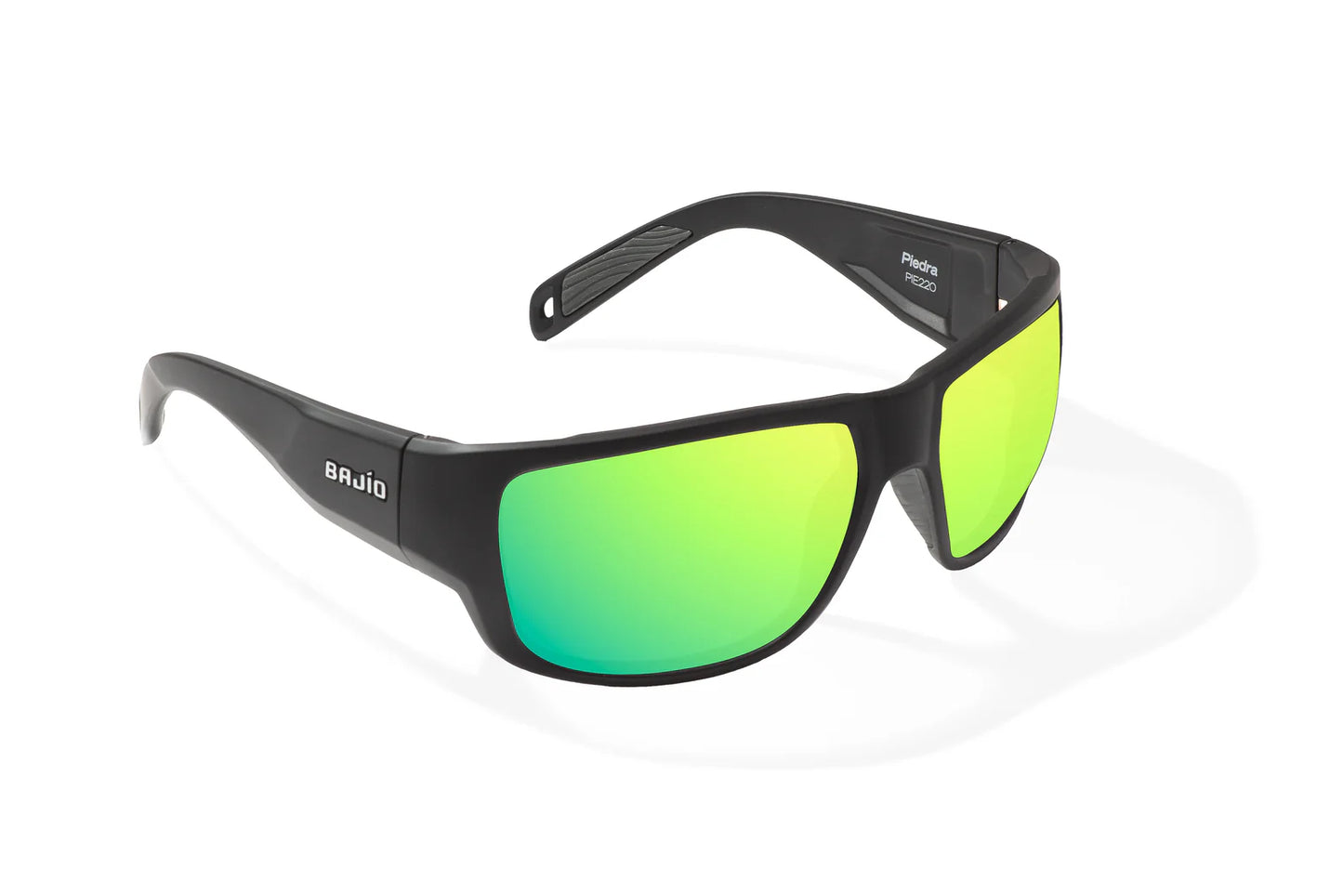 Bajio Piedra Sunglasses - Angled View, Black Matte Frame with Green Mirror Lens