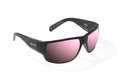 Bajio Piedra Sunglasses - Angled View, Black Matte Frame with Rose Mirror Lens