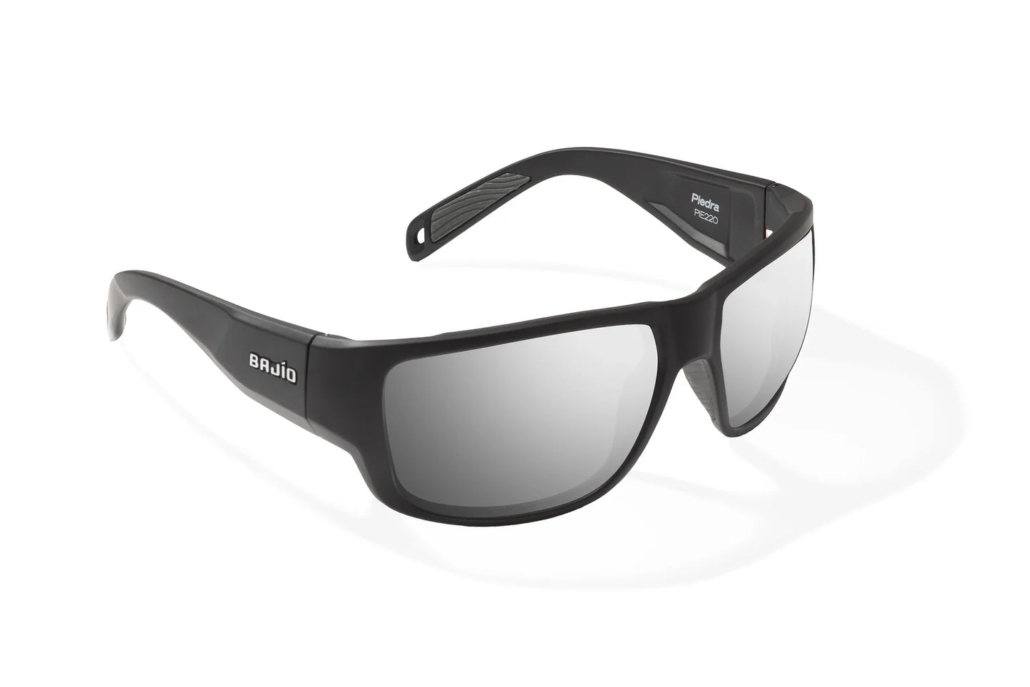 Bajio Piedra Sunglasses - Angled View, Black Matte Frame with Silver Mirror Lens