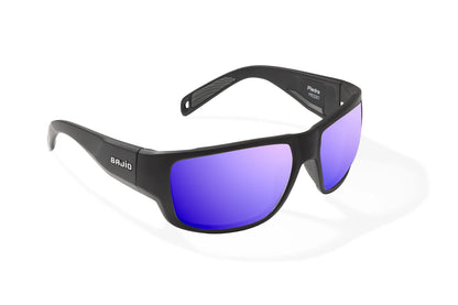 Bajio Piedra Sunglasses - Angled View, Black Matte Frame with Violet Mirror Lens