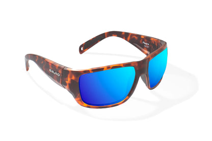 Bajio Piedra Sunglasses - Angled View, Brown Tortoise Matte Frame with Blue Mirror Lens