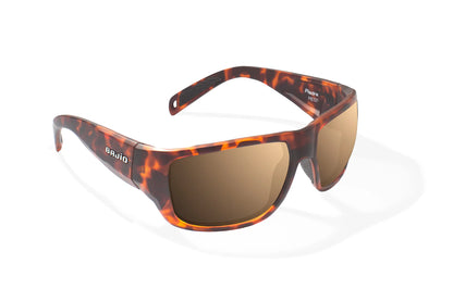 Bajio Piedra Sunglasses - Angled View, Brown Tortoise Matte Frame with Copper Lens
