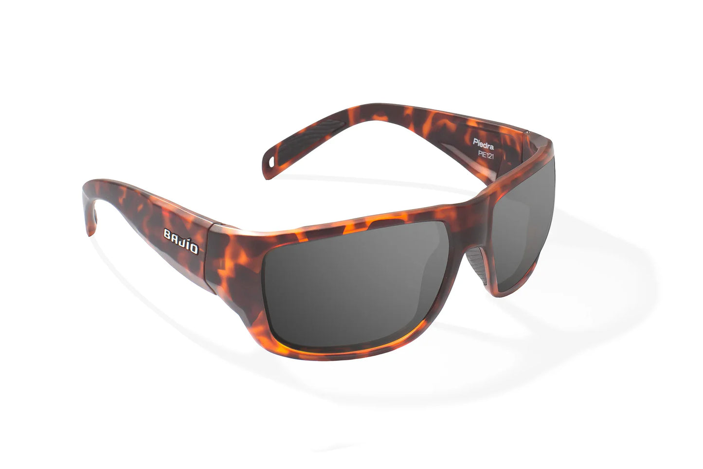 Bajio Piedra Sunglasses - Angled View, Brown Tortoise Matte Frame with Gray Lens