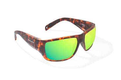 Bajio Piedra Sunglasses - Angled View, Brown Tortoise Matte Frame with Green Mirror Lens