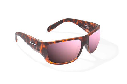 Bajio Piedra Sunglasses - Angled View, Brown Tortoise Matte Frame with Rose Mirror Lens