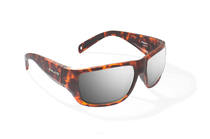 Bajio Piedra Sunglasses - Angled View, Brown Tortoise Matte Frame with Silver Mirror Lens