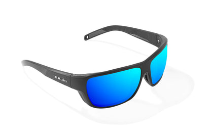 Bajio Rigolets Sunglasses - Angled View, Black Matte Frame with Blue Mirror Lens