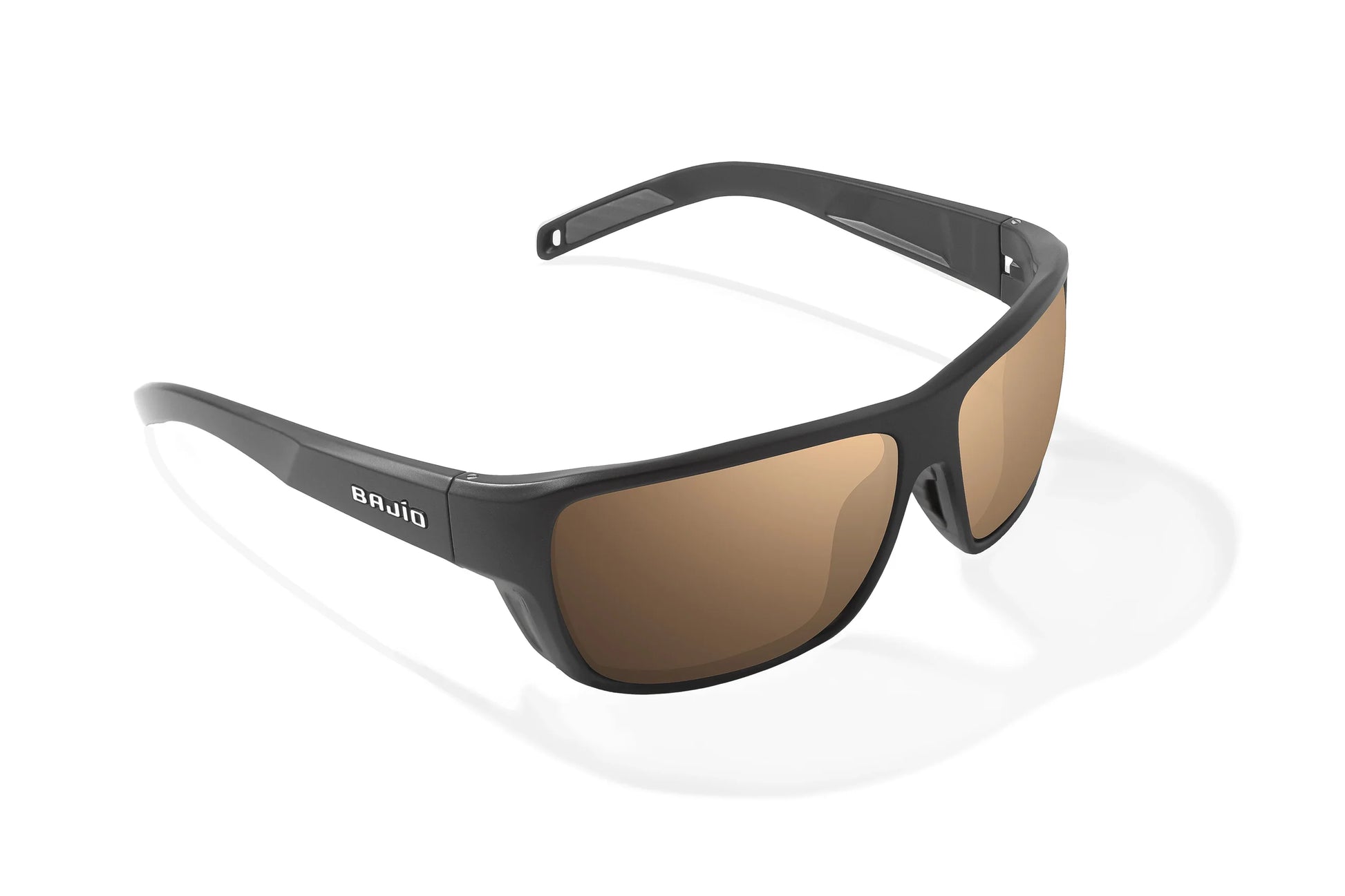 Bajio Rigolets Sunglasses - Angled View, Black Matte Frame with Copper Lens