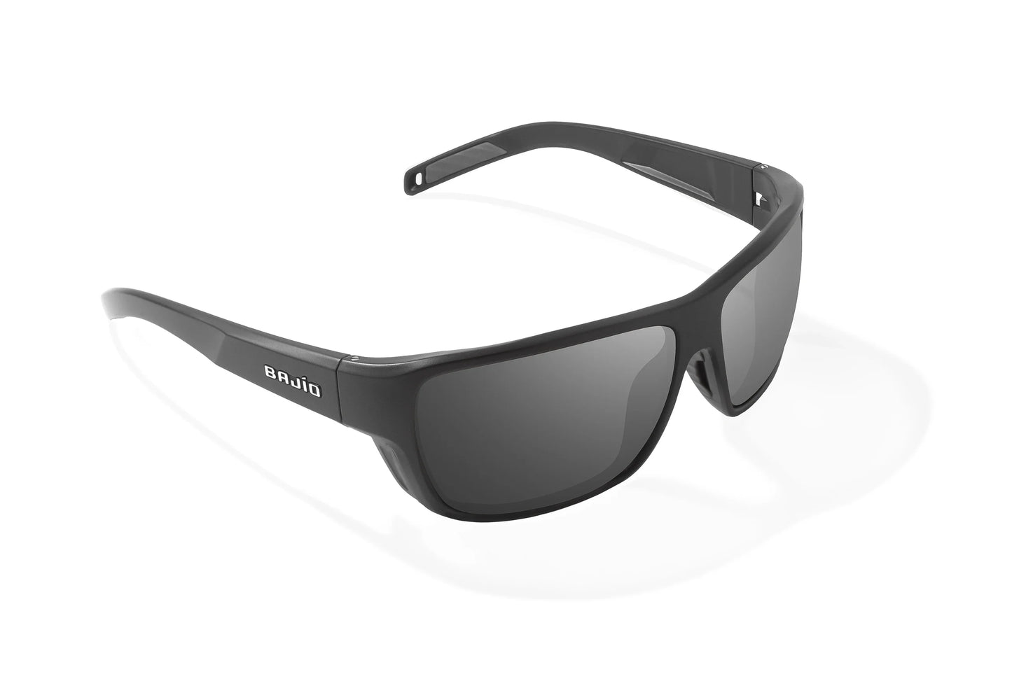 Bajio Rigolets Sunglasses - Angled View, Black Matte Frame with Gray Lens