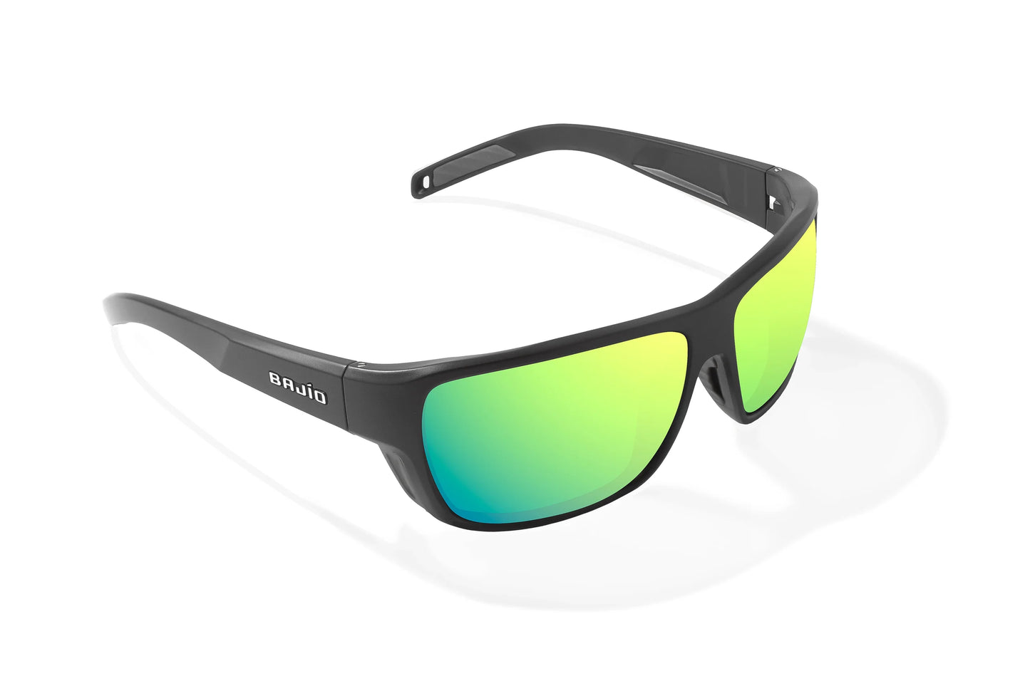 Bajio Rigolets Sunglasses - Angled View, Black Matte Frame with Green Mirror Lens