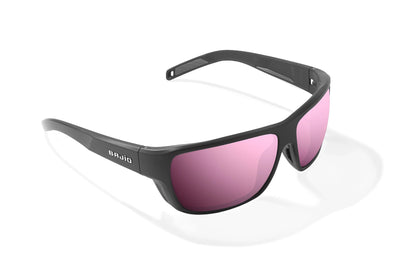 Bajio Rigolets Sunglasses - Angled View, Black Matte Frame with Rose Mirror Lens