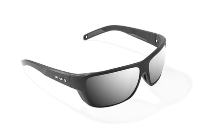 Bajio Rigolets Sunglasses - Angled View, Black Matte Frame with Silver Mirror Lens