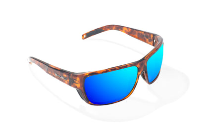 Bajio Rigolets Sunglasses - Angled View, Brown Tortoise Gloss Frame with Blue Mirror Lens