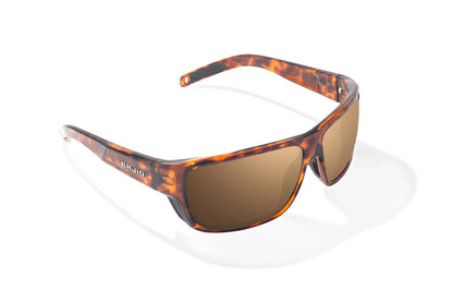 Bajio Rigolets Sunglasses - Angled View, Brown Tortoise Gloss Frame with Copper Lens