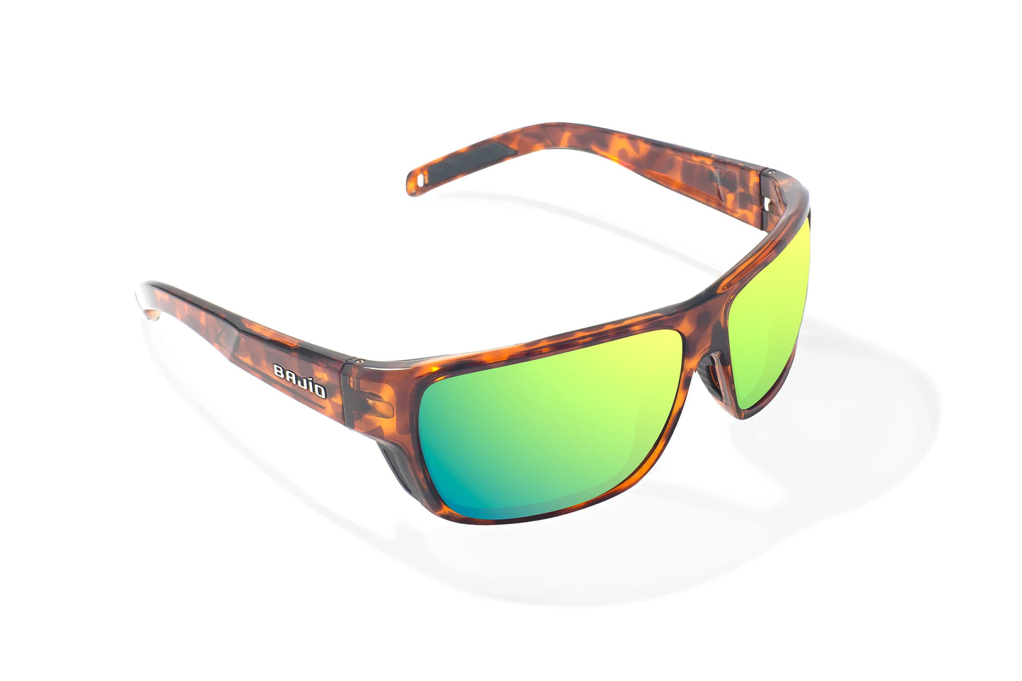 Bajio Rigolets Sunglasses - Angled View, Brown Tortoise Gloss Frame with Green Mirror Lens