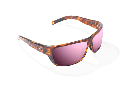 Bajio Rigolets Sunglasses - Angled View, Brown Tortoise Gloss Frame with Rose Mirror Lens