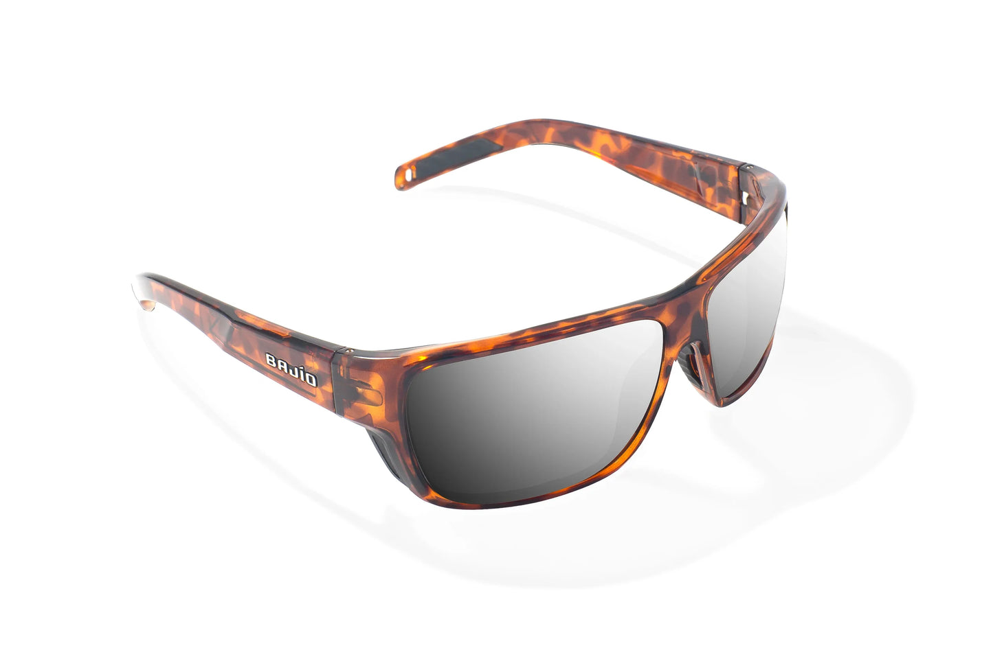 Bajio Rigolets Sunglasses - Angled View, Brown Tortoise Gloss Frame with Silver Mirror Lens