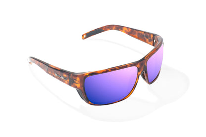 Bajio Rigolets Sunglasses - Angled View, Brown Tortoise Gloss Frame with Violet Mirror Lens