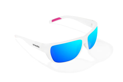 Bajio Rigolets Sunglasses - Angled View, White Glass Matte Frame with Blue Mirror Lens