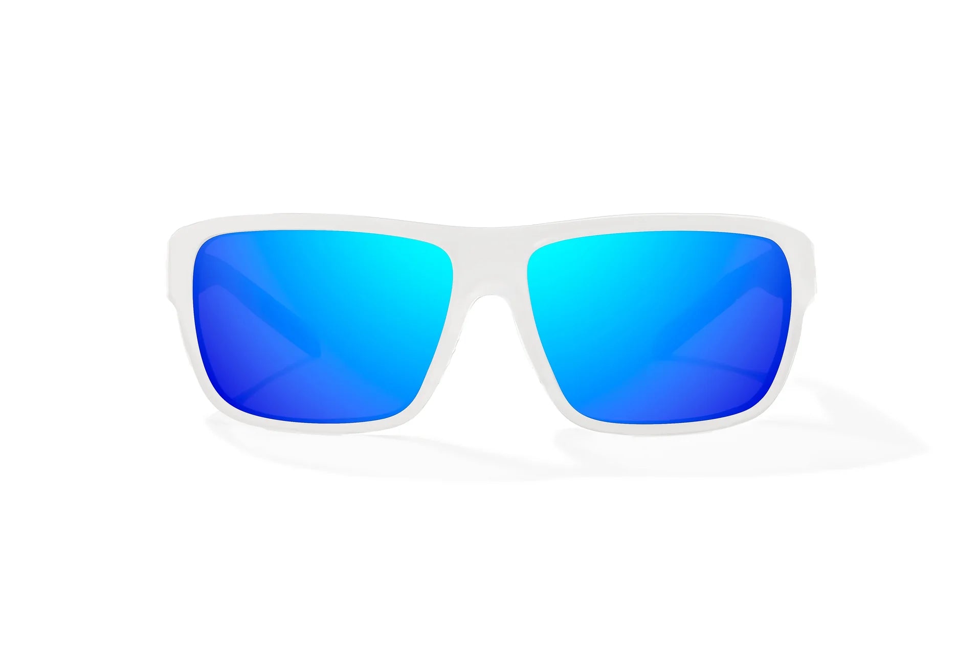 Bajio Rigolets Sunglasses - Front View, White Glass Matte Frame with Blue Mirror Lens