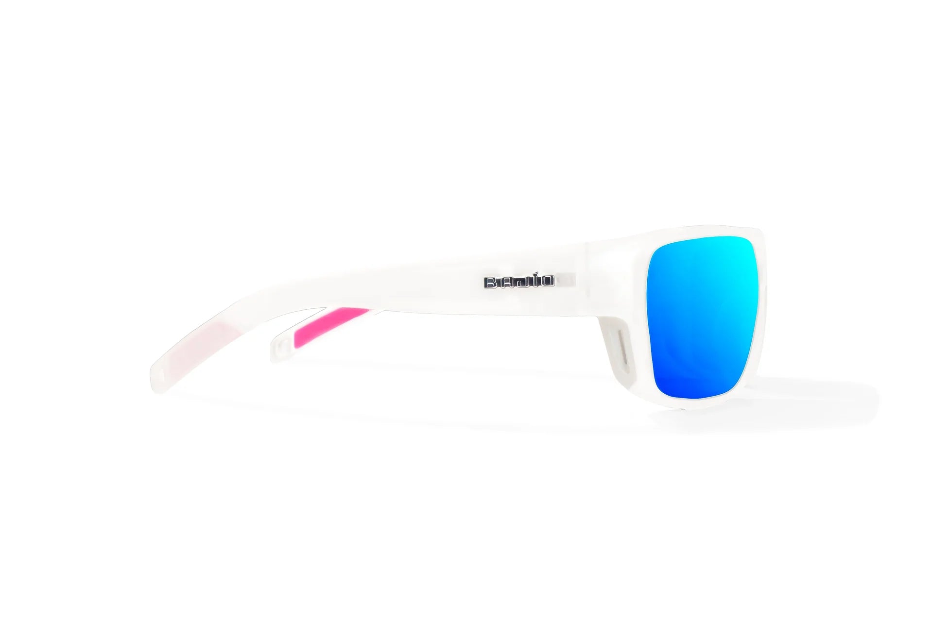 Bajio Rigolets Sunglasses - Side View, White Glass Matte Frame with Blue Mirror Lens