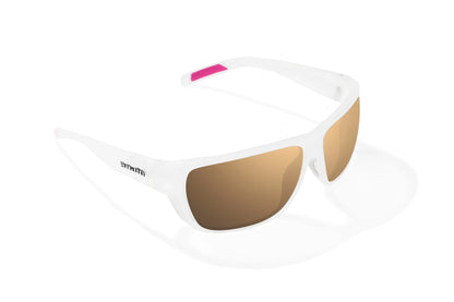 Bajio Rigolets Sunglasses - Angled View, White Glass Matte Frame with Copper Lens