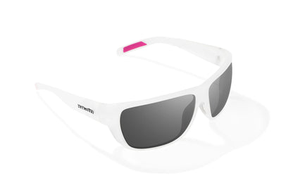 Bajio Rigolets Sunglasses - Angled View, White Glass Matte Frame with Gray Lens