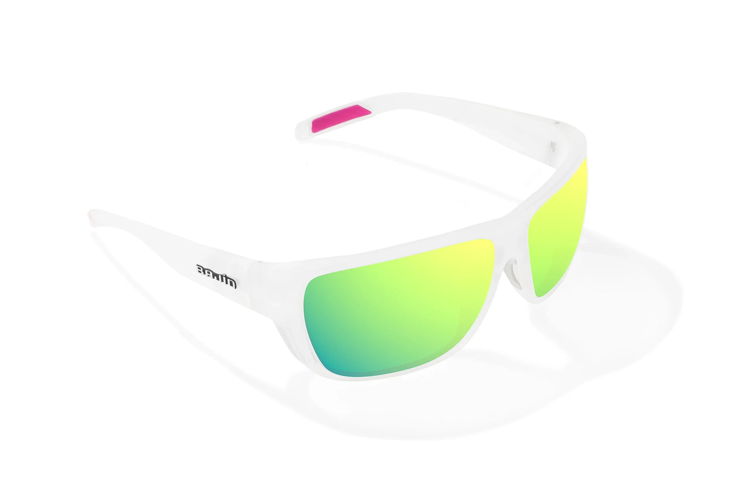 Bajio Rigolets Sunglasses - Angled View, White Glass Matte Frame with Green Mirror Lens