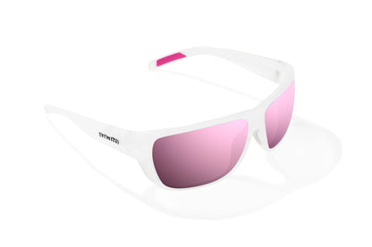 Bajio Rigolets Sunglasses - Angled View, White Glass Matte Frame with Rose Mirror Lens