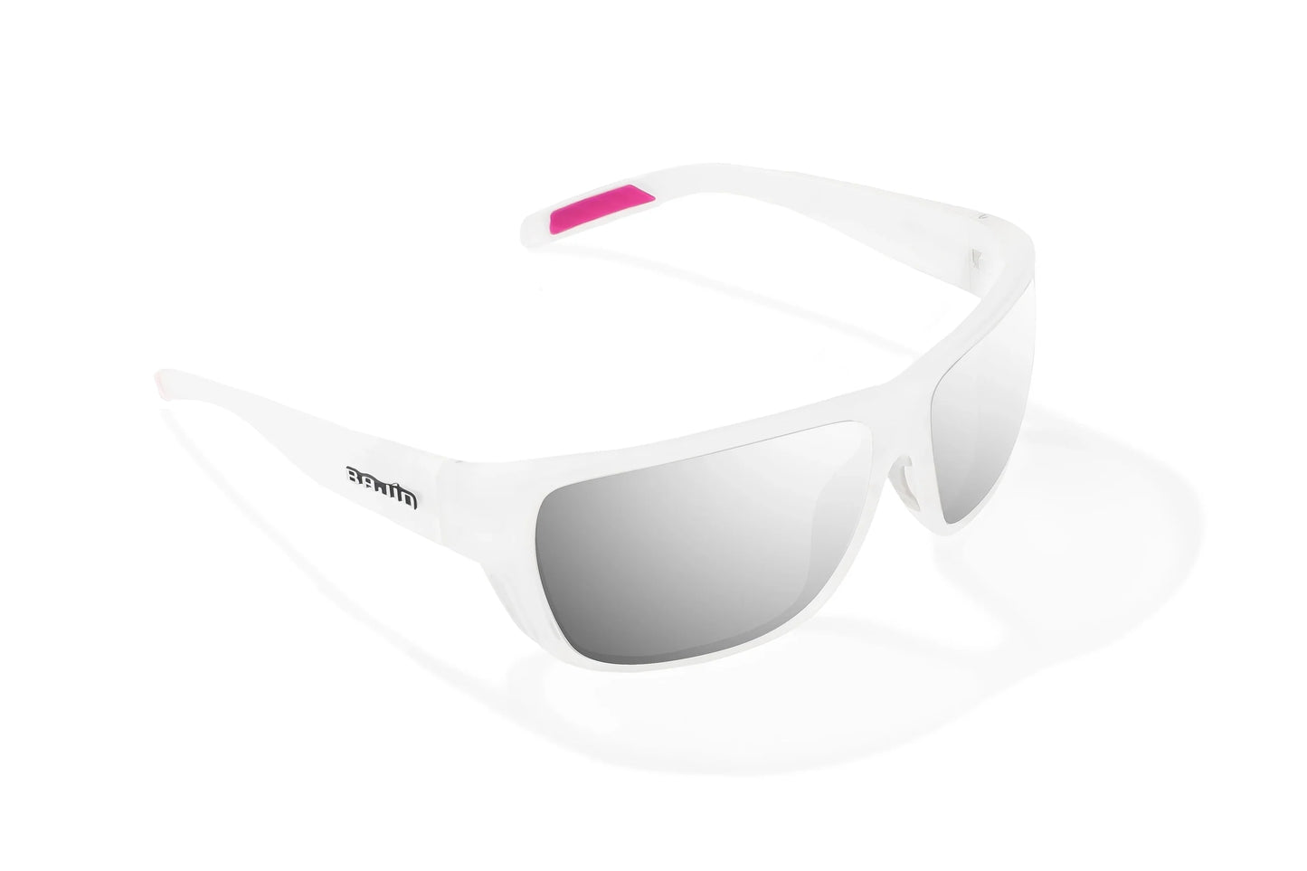 Bajio Rigolets Sunglasses - Angled View, White Glass Matte Frame with Silver Mirror Lens