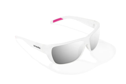Bajio Rigolets Sunglasses - Angled View, White Glass Matte Frame with Silver Mirror Lens