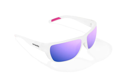 Bajio Rigolets Sunglasses - Angled View, White Glass Matte Frame with Violet Mirror Lens