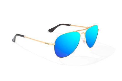 Bajio Soldado Sunglasses - Angled View, Gold/Black Fade Matte Frame with Blue Mirror Lens