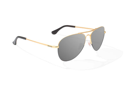 Bajio Soldado Sunglasses - Angled View, Gold/Black Fade Matte Frame with Gray Lens