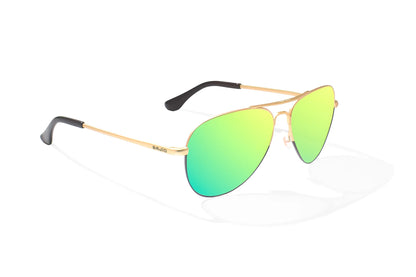 Bajio Soldado Sunglasses - Angled View, Gold/Black Fade Matte Frame with Green Mirror Lens